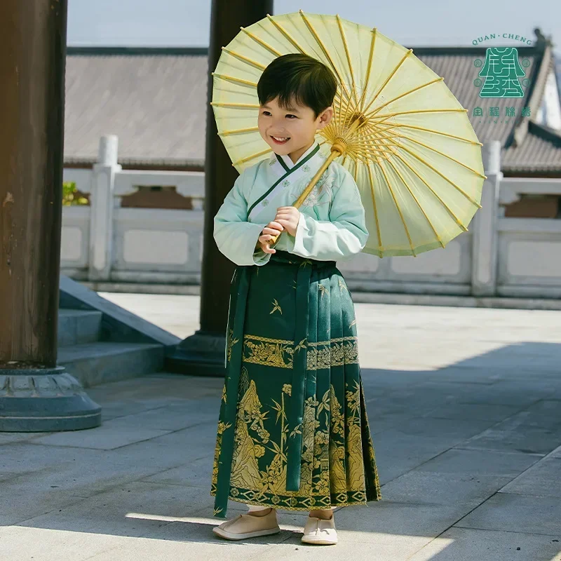 Rok Muka Kuda gaya China, anak laki-laki setelan Tang Hanfu Set kuno untuk bayi anak-anak