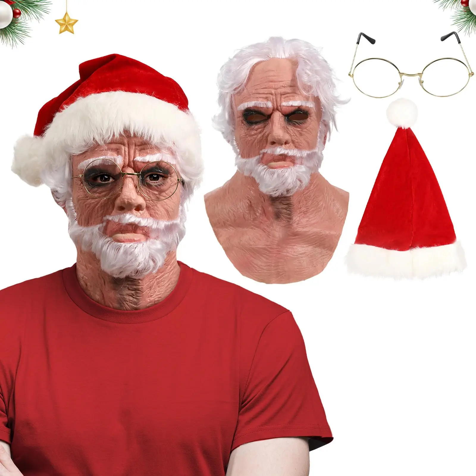 

3 шт., реалистичная маска Санта-Клауса, рождественская шляпа, очки, старик, борода, полная голова, латексный костюм, реквизит для взрослых мужчин, косплей на Рождество