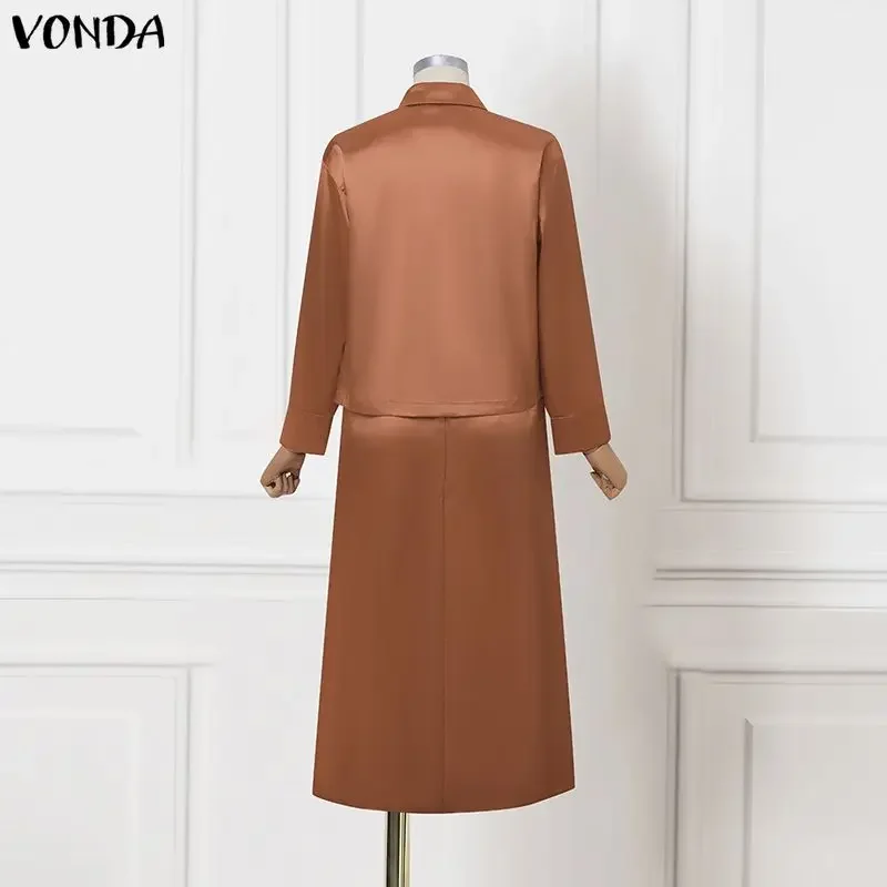 

Комплект из 2 предметов VONDA 2026: Элегантные женские атласные платья-комплекты, рубашки с длинным рукавом и длинные макси-юбки, весенние повседневные свободные однотонные уличные наряды