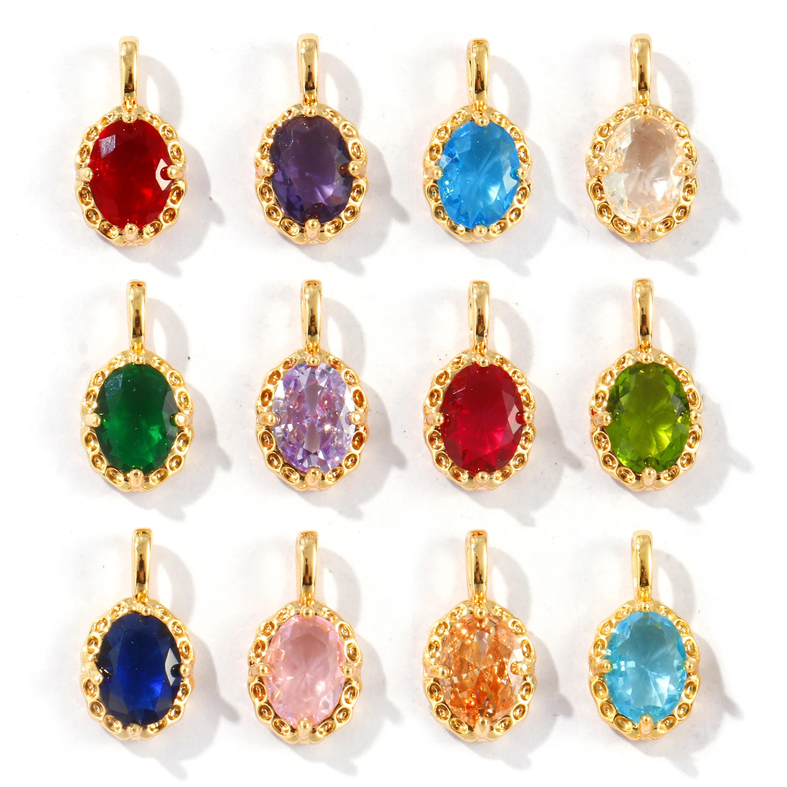 2PCs Vintage Colorful Rhinestone Oval Birthstone Pendant Necklace DIY 18K Real Gold Plated Brass Charms For Handmade 15mm x 8mm