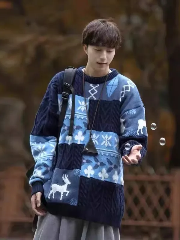 

Мужской вязаный свитер Thiened Fce в стиле ретро, свободный теплый зимне-осенний повседневный круглый длинный свитер свека