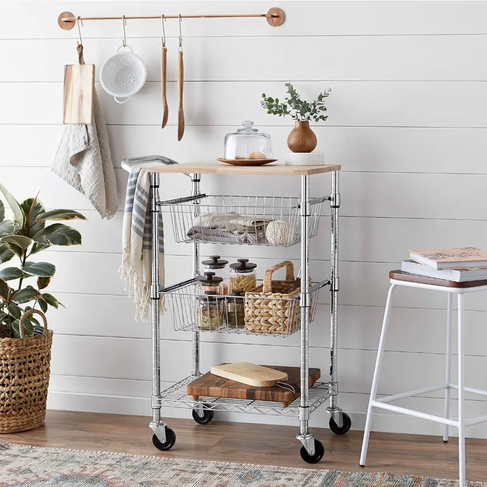 

3-Tier Metal Basket Rolling Cart with Wood Top, Silver, Trolleys