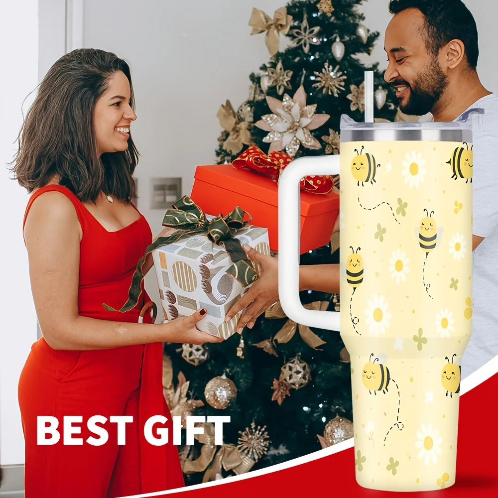 1pc/40oz/1100ml/Double Wall Insulated Stainless Steel Tumbler with Lid And Handle,Coffee Travel Mug,with Bee And Daisy Pattern,Perfect for Family Parties And Office Gatherings,Holiday Party Gifts,Valentine's Day Gifts,Mother's Day Gifts,Easter Gifts