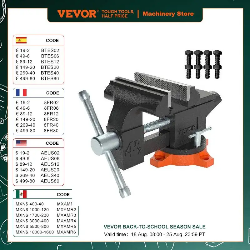 

VEVOR Bench Vise 4.5" 6" 6.5" Multipurpose with Swivel Base & Anvil Heavy Duty Cast Iron for Drilling, Conduit Cutting, Sanding