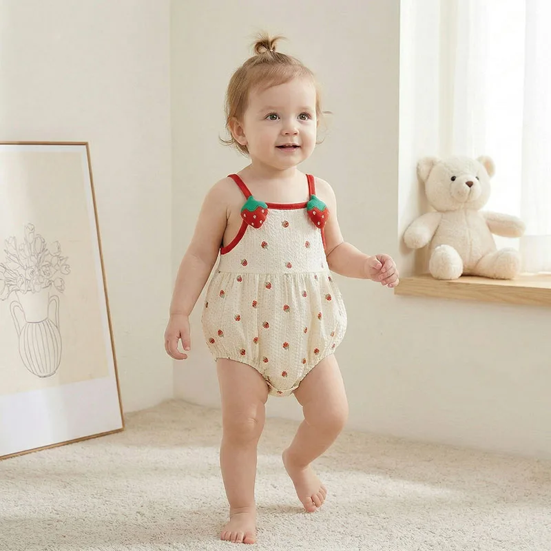 2026 Summer Baby Bodysuit 3-24M Sweet Toddler One Piece Cartoon Strawberry Girls Jumpsuit Breathable Cute Infant Clothes