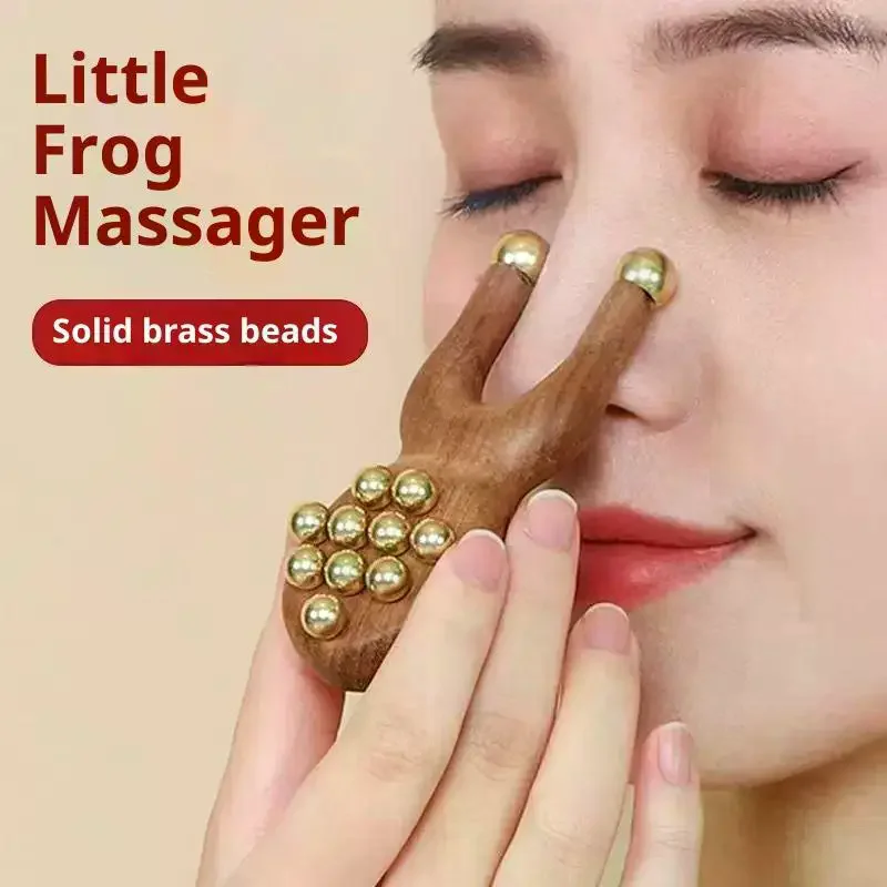 12 Copper Beads Guasha Face Massager Tool Sandalwood Handle Fascia Lifting Face Manual Massager Anti Static Frog Shape Handheld