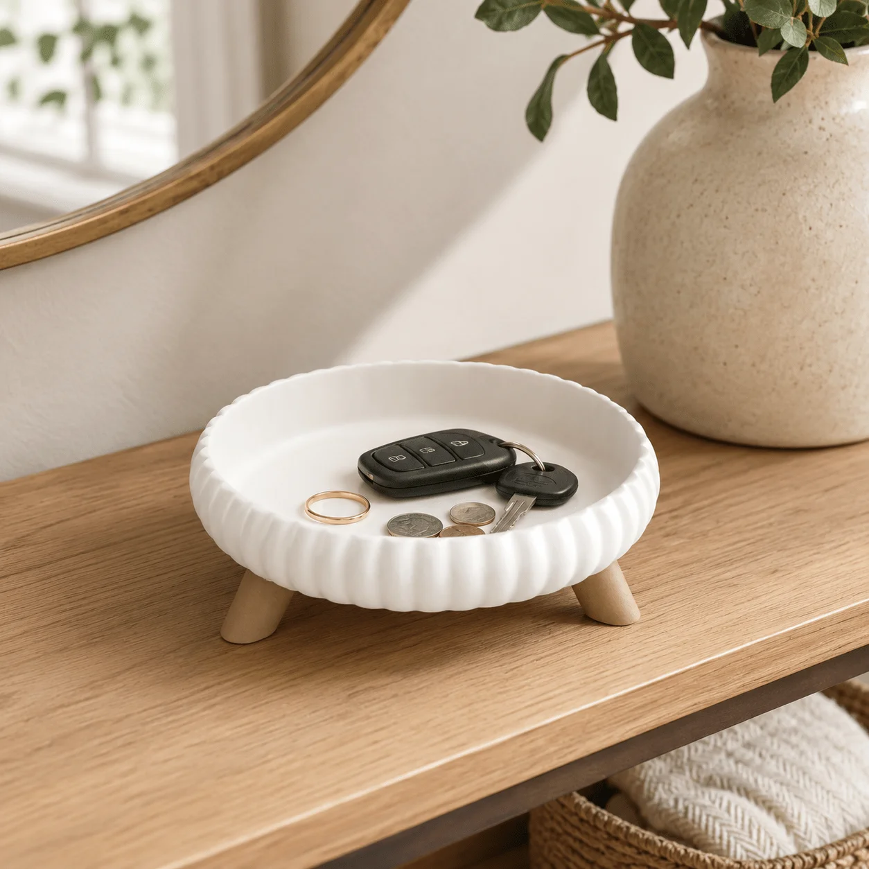 3D Printed Three‑Legged Round Jewelry Tray, Layered Texture Minimalist Storage Holder for Rings Watches Keys, Modern Home Decor