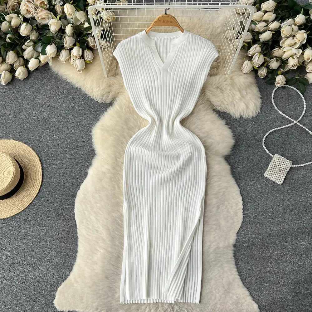 Gestricktes Sommerkleid Frauen V-Ausschnitt ärmellose Urlaub süße elastische Sommerkleid High Street solide sexy Strand langes Kleid