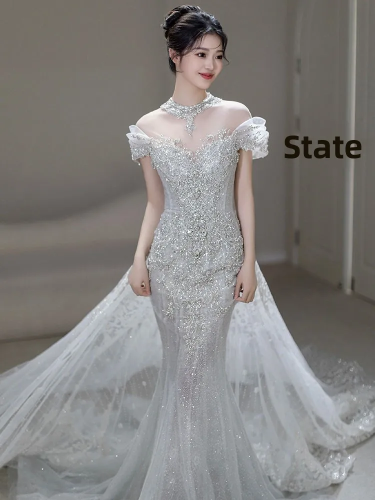 

Свадебное платье на заказ, юбка с тяжелой вышивкой, основное платье с большим шлейфом, модель Fem, сексуальное бальное платье на бретельках для Ca...