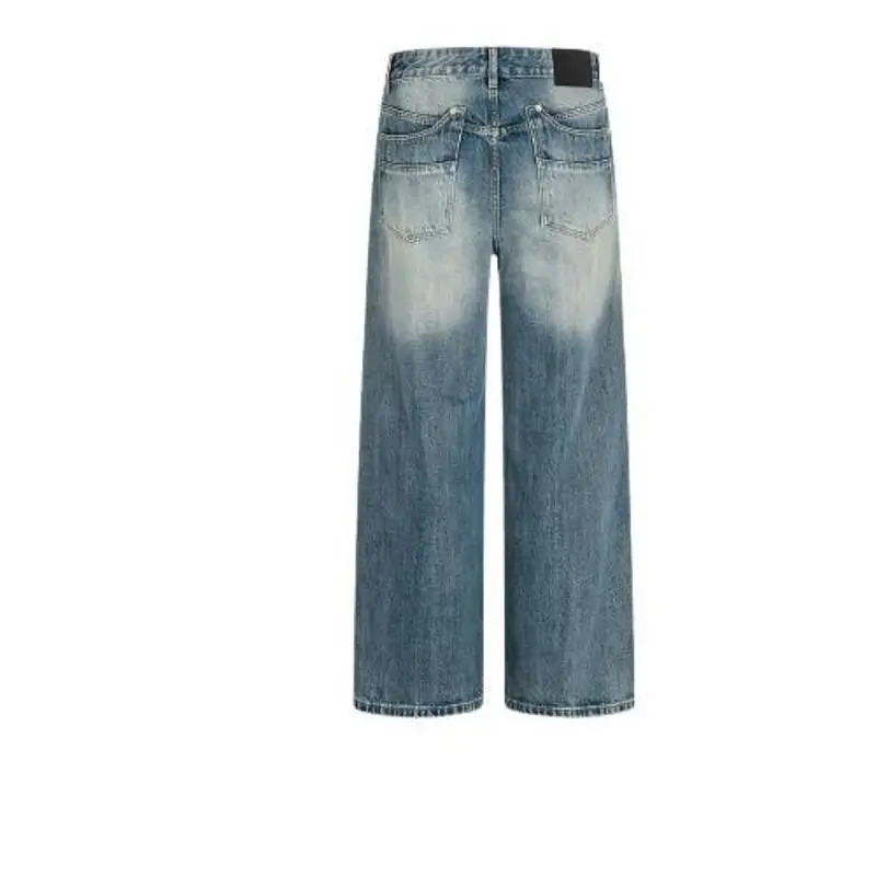 Calça Jeans Unissex Azul Escuro Lavado com Corte Reto, Design Americano Retrô, Caimento Solto e Versátil, Moderna