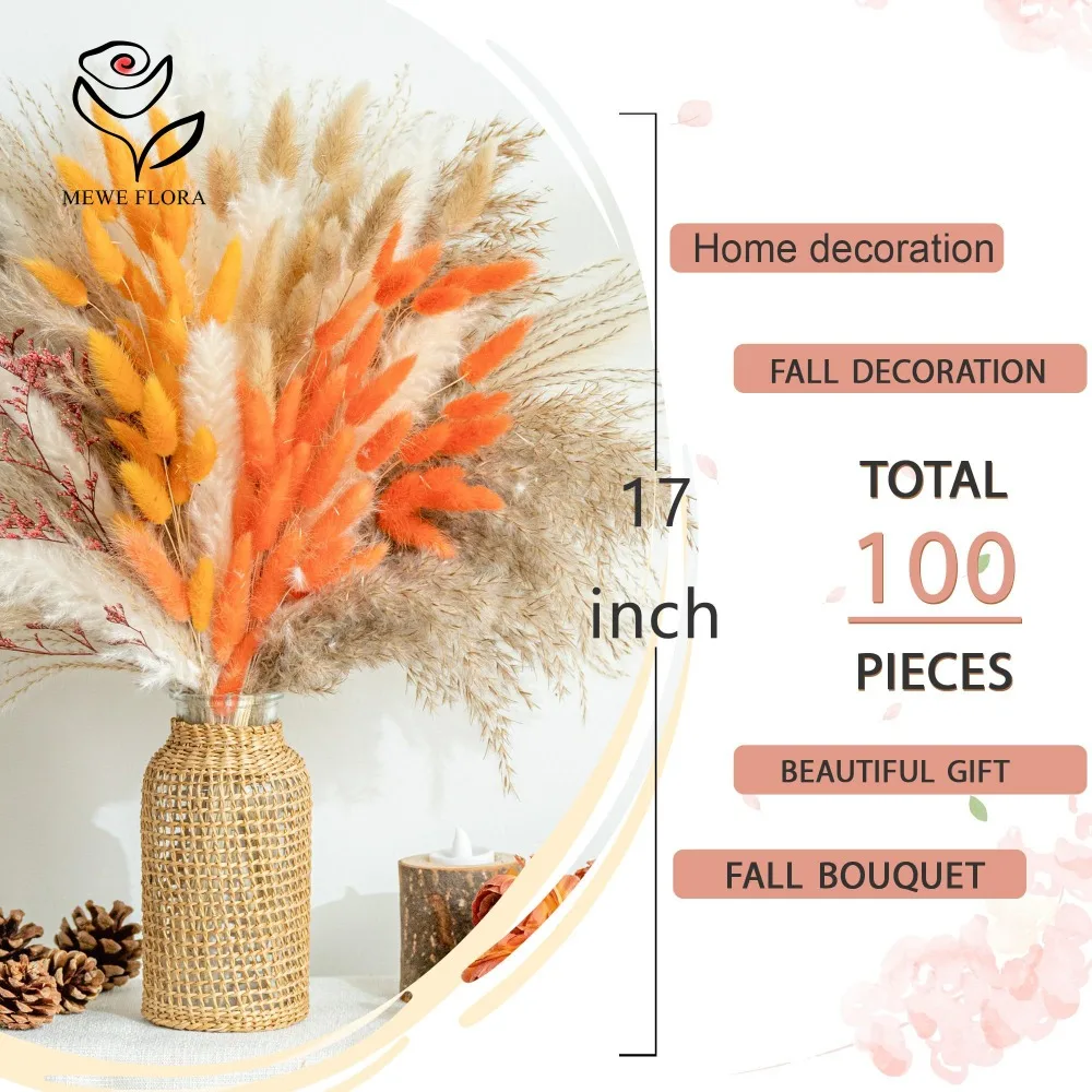 Flores Secas Pampas Grass Bouquet, Fluffy Rabbit Bunny Tail, Decoração de Casa e Casamento, Arranjos Boho, Outono, 100pcs