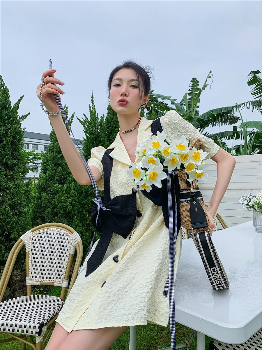 CHEERART Yellow Texture Korean Fashion Blazer Dress Women Summer Puff Sleeve Bow Kawaii Cute Mini Shirt Dress Designer