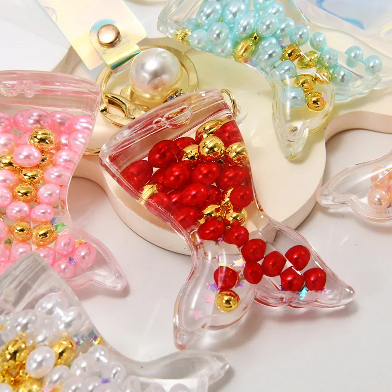 Cute Liquid Mermaid Tail Shape Key Chain Creative Quicksand Floating Colored Bead Keyring Girl Backpack Pendant Keychain Gift