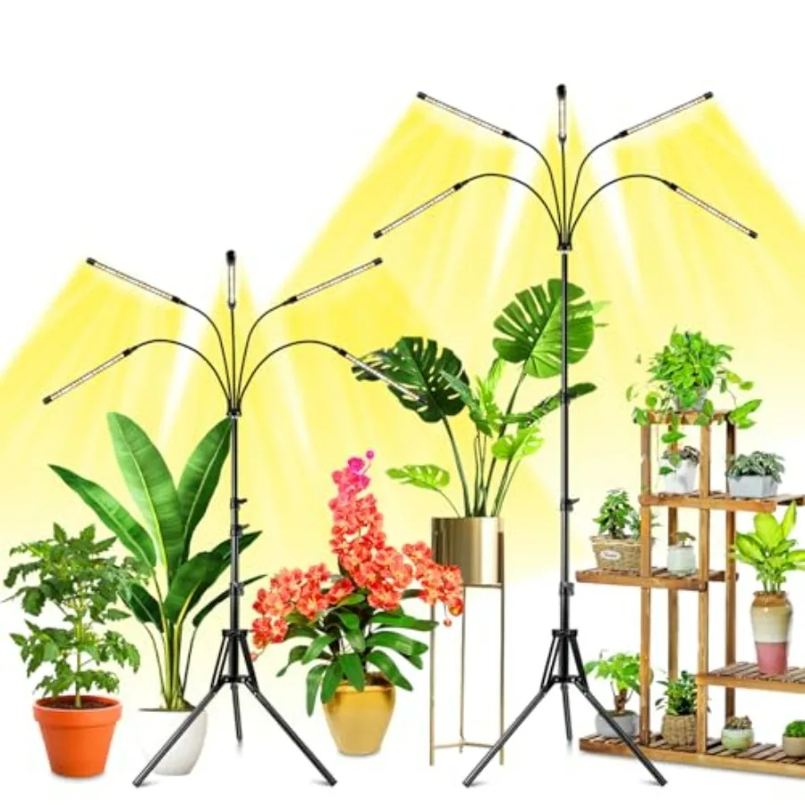 

2 Pack Full Spectrum LED Grow Lights with Adjustable Stand for Indoor Plants 5-Head Auto Timer 6/12/16H 5 Brightness Levels Ide