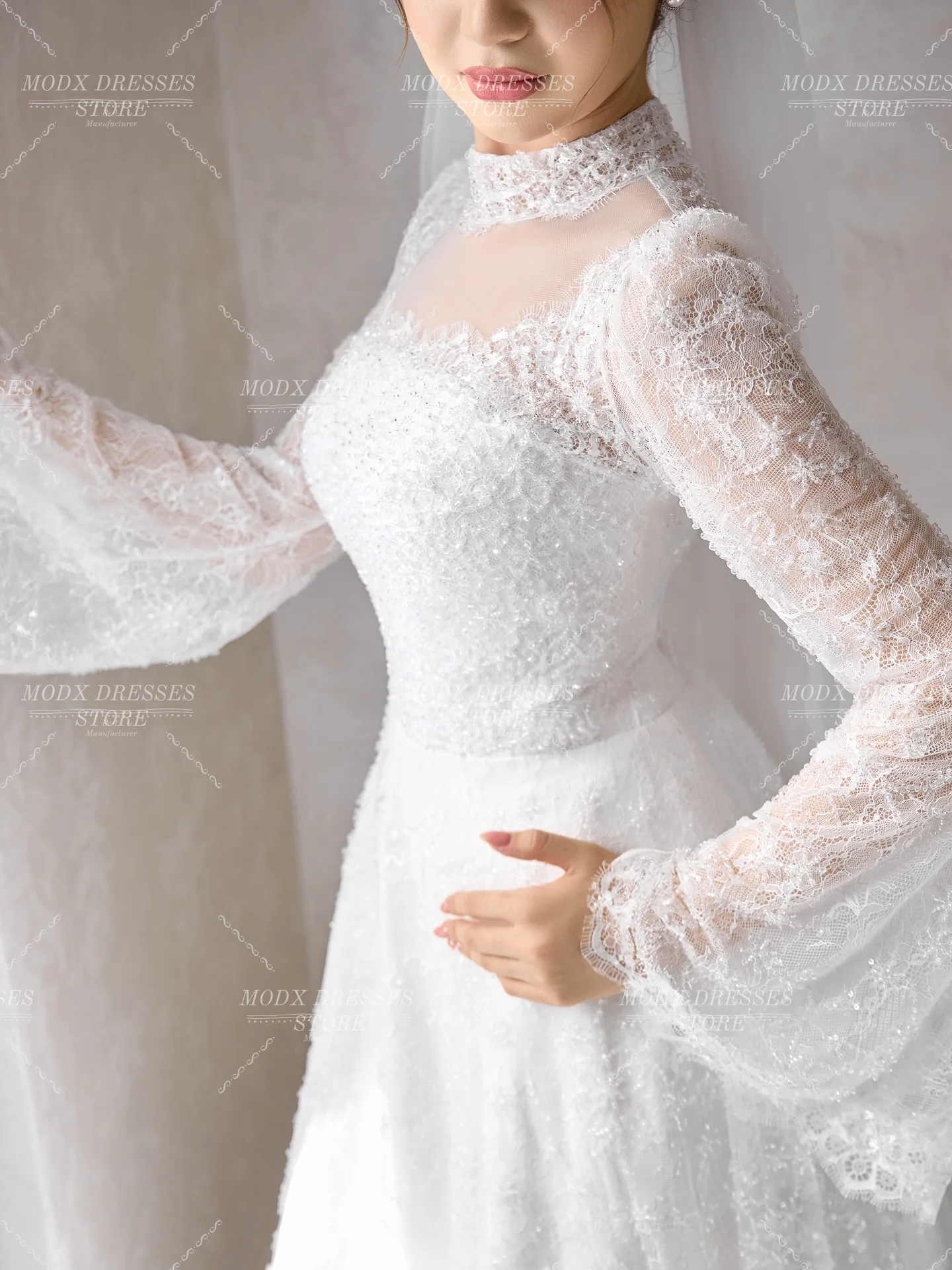 Modx luxo rendas gola quadrada vestido de casamento mangas completas vestido de noiva até o chão personalizado vestidos novias boda feminino