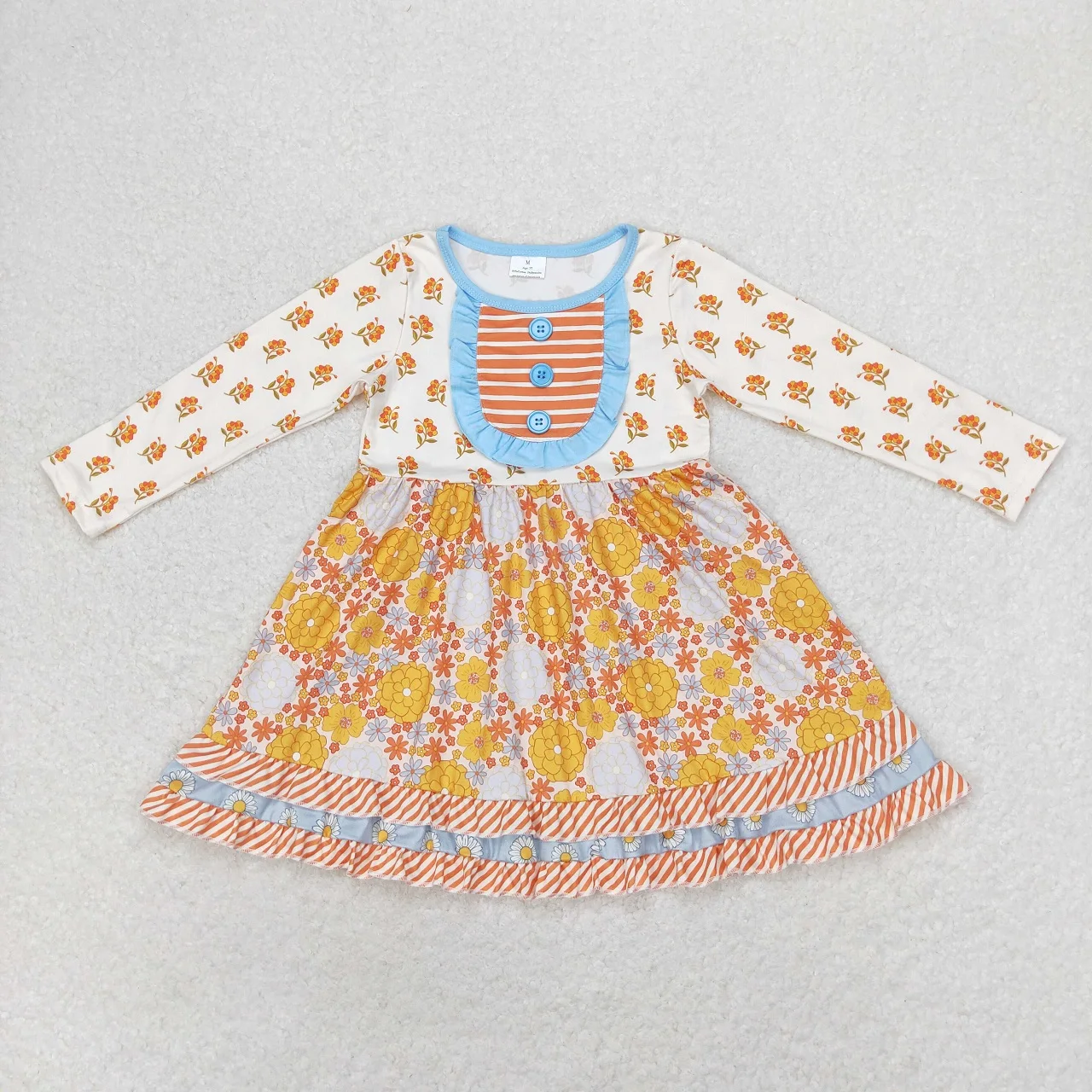 Wholesale Children Long Sleeves Kids Flower Yellow Twirl Dress Baby Girl Infant Toddler Spring Fall Floral Knee Length One Piece