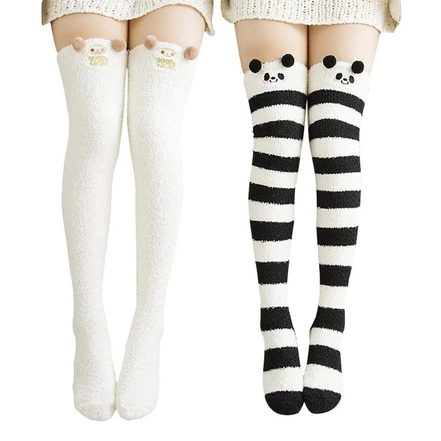 

1 Pair Cozy & Cute Plus-Size Over-the-Knee Socks - Plush,Warm & Thick in Black/Striped/Ginger Yellow,for Winter