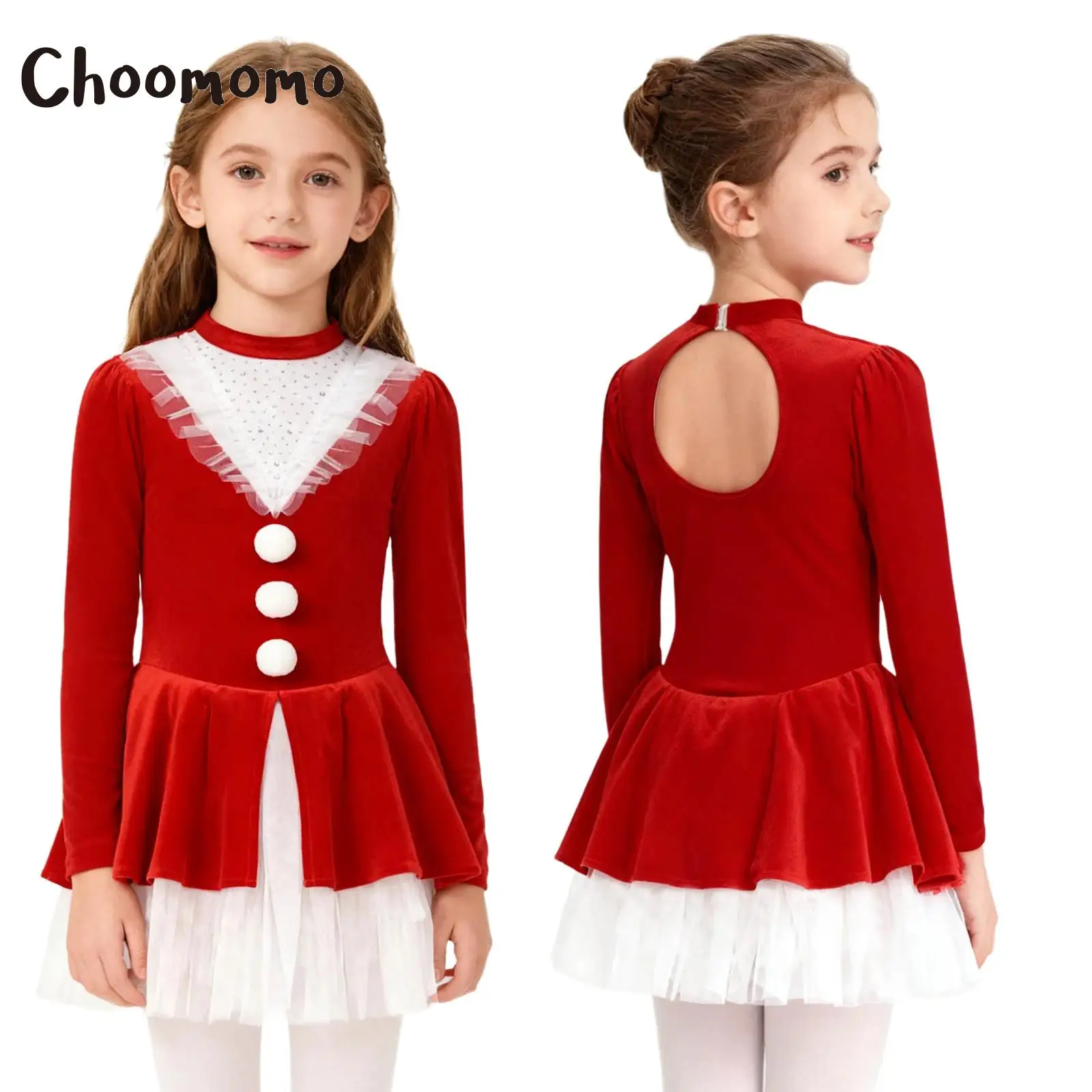 Robe justaucorps de noël pour enfants filles, strass, manches longues, découpe au dos, robe de fête de Festival de noël, robe Tutu de patinage artistique