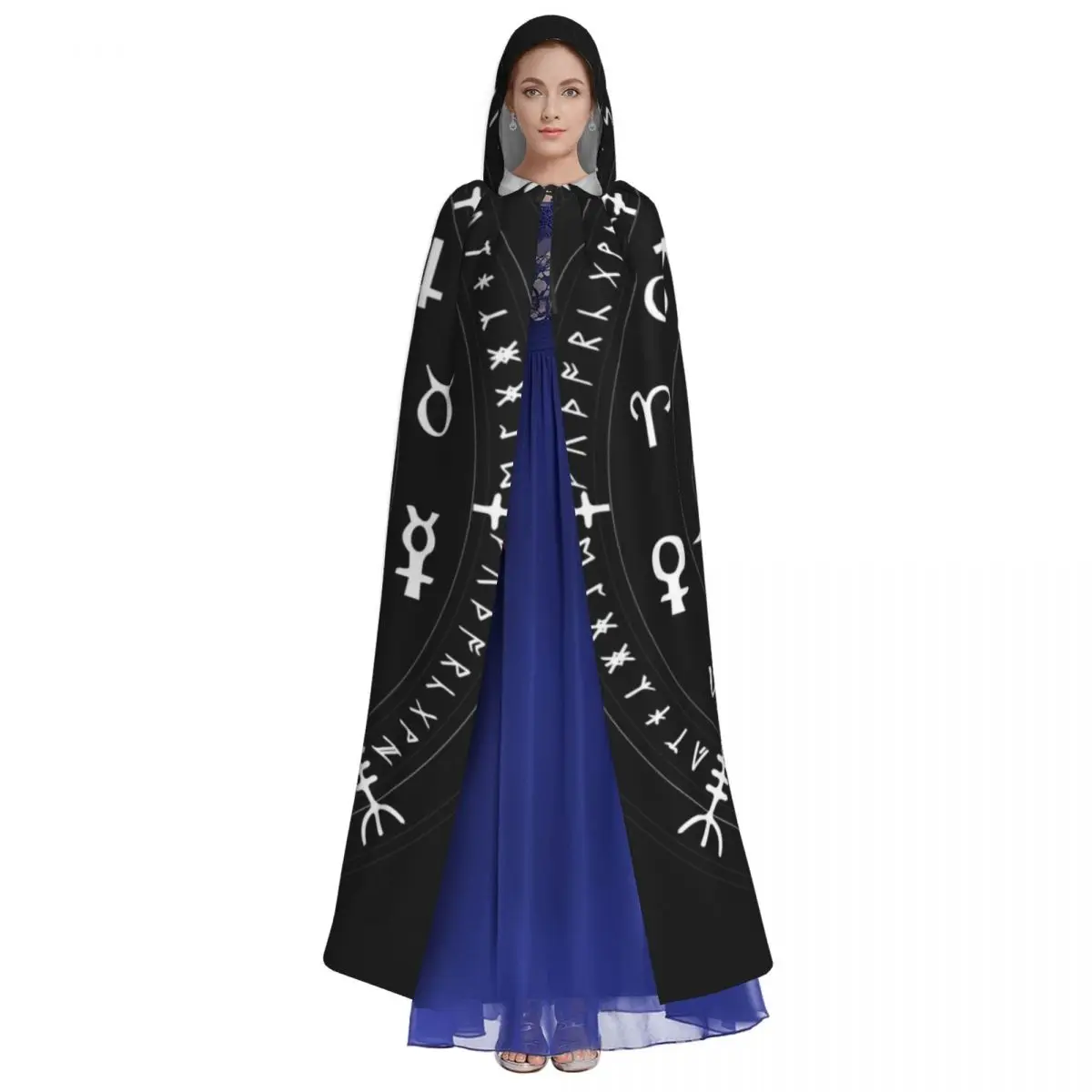 Adult Halloween Wicca Zodiac Cloak Cape Hooded Medieval Costume Full Length Dress Coat