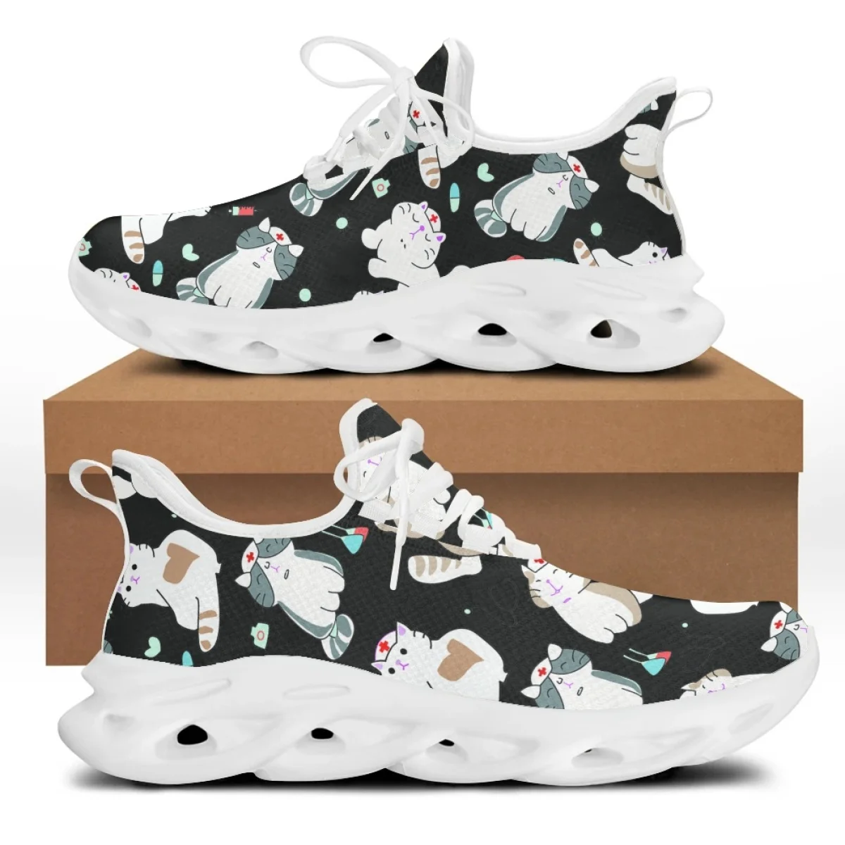 Cute Cat And Medical Tools Cartoon Female Flat Shoes ECG Cats With Mask Printed Women Mesh Sneakers Free Athletic Shoes
