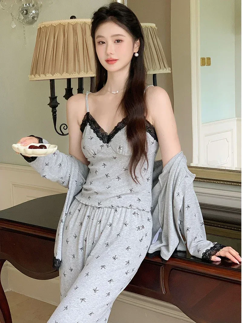 French Princess Sleepwear for Women Autumn Suspender Sexy Pure Wind Belt Chest Cushion Three Piece Set Home Clothing Nightwear