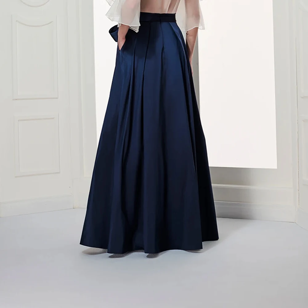 Elegant Navy Blue Skirt for Women High Waist Floor Length Ruffles Long Evening Party Formal Skirts with Pockets Sash Custom Made