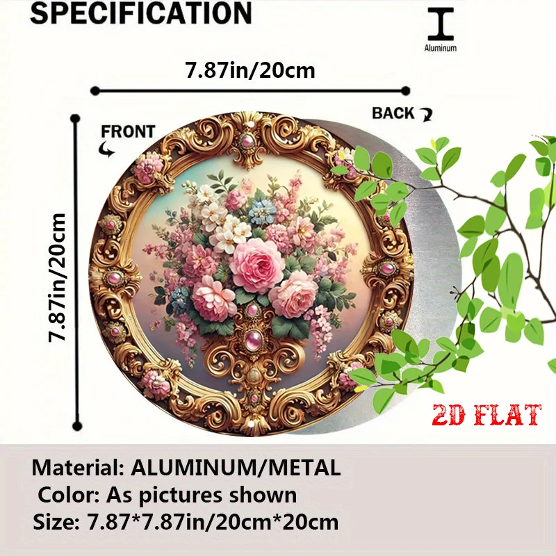 2D Flat - One-Piece Luxurious 2D Flat Round Aluminum Sign Featuring Elegant Floral Design, Rustic Metal Wall Art for Home Deco
