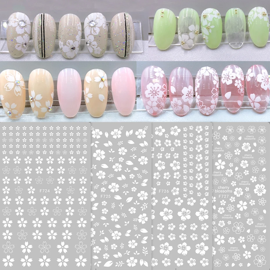 4pcs Sakura Flower 3D Nail Stickers White Cherry Blossom Nail Art Decals Spring Summer Adhesive Slider Decor Wedding Manicure
