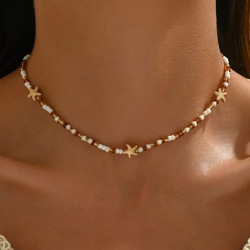 Bohemian Starfish Glass Rice Beads Colar Colares Choker Necklaces Joyas De Mujer Summer Ocean Vacation Ожерелье