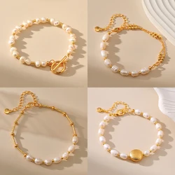 Fashion Freshwater Pearl Gold Plated Beaded Bracelet for Women Natural Pearls with Link Chain Bracelet Bangles Charm Jewelry