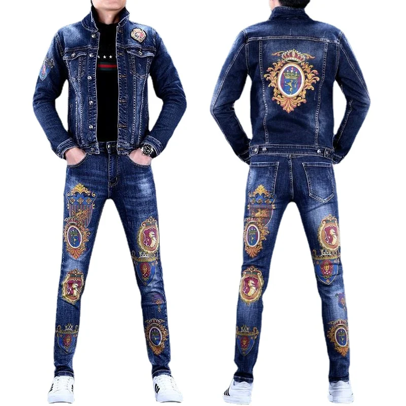 2023 spring and autumn new men\'s denim suit men\'s tide brand slim trend pants casual jacket men\'s jacket top