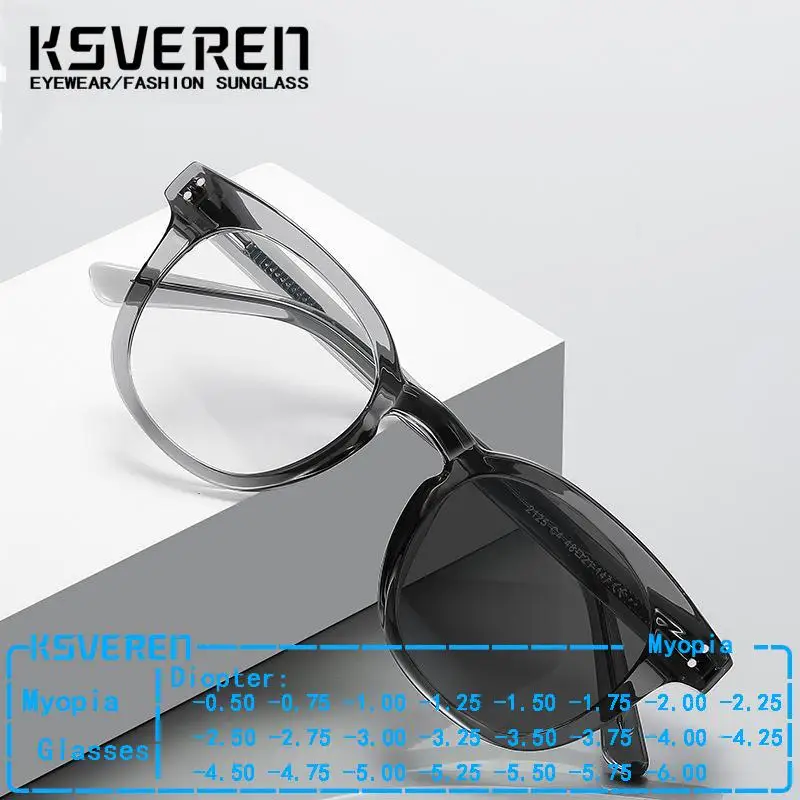 

KSVEREN TR90 Frame Photochromic Rivets Myopia Glasses Women Round Spring Leg Nearsighted Eyelasses -0.75 -2.25 -4.5 -5.0 -5.5