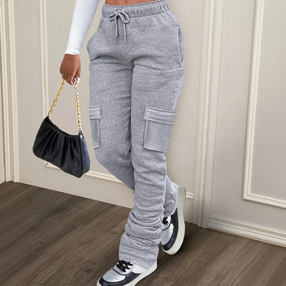 سراويل نسائية عالية الخصر للكاحل للخريف والشتاء كاجوال أساسية بلون سادة وجيوب عصرية يومية #1