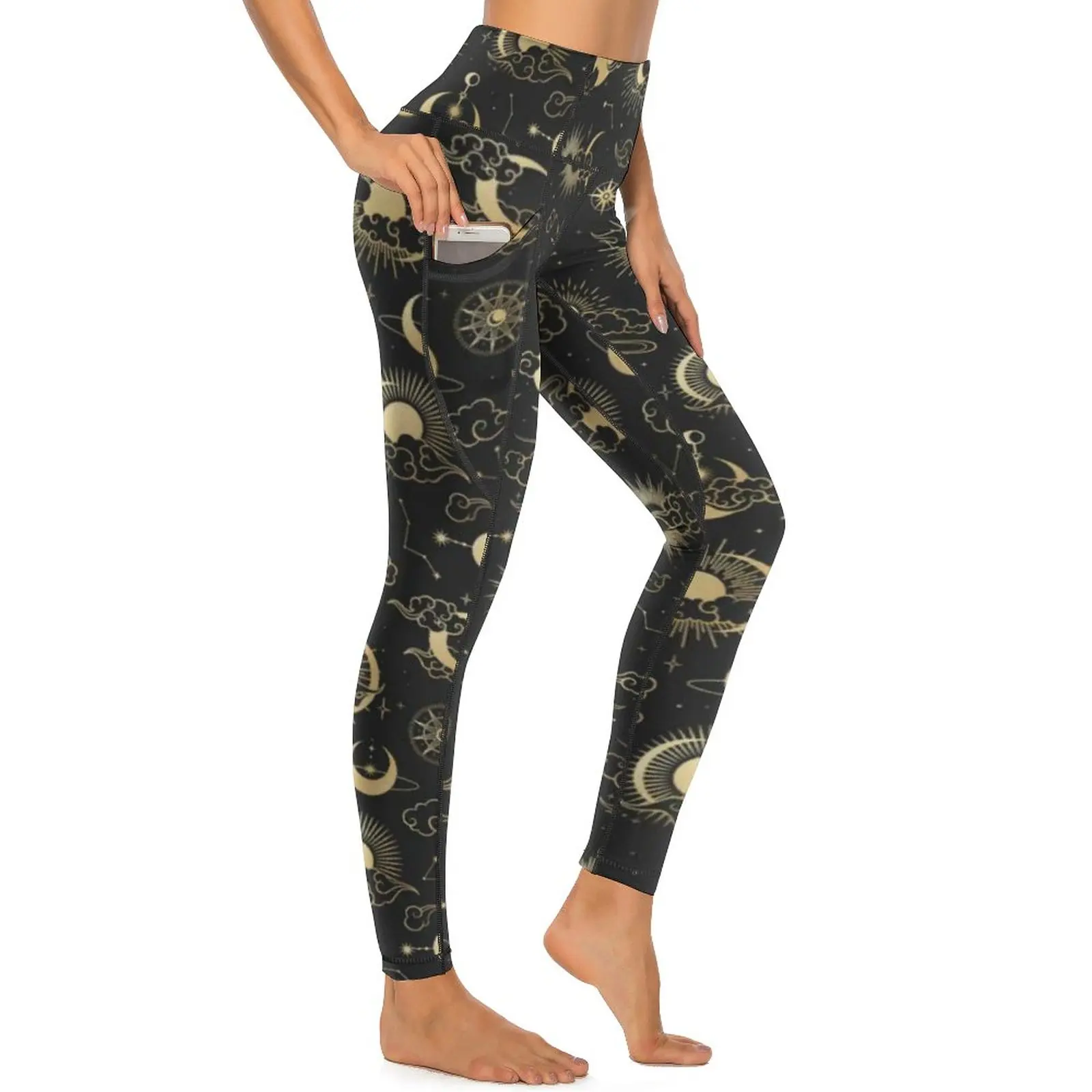 Black And Gold Moon Leggings Star Sun Astrology Art Workout Yoga Pants High Waist Sweet Leggins Quick-Dry Pattern Gift