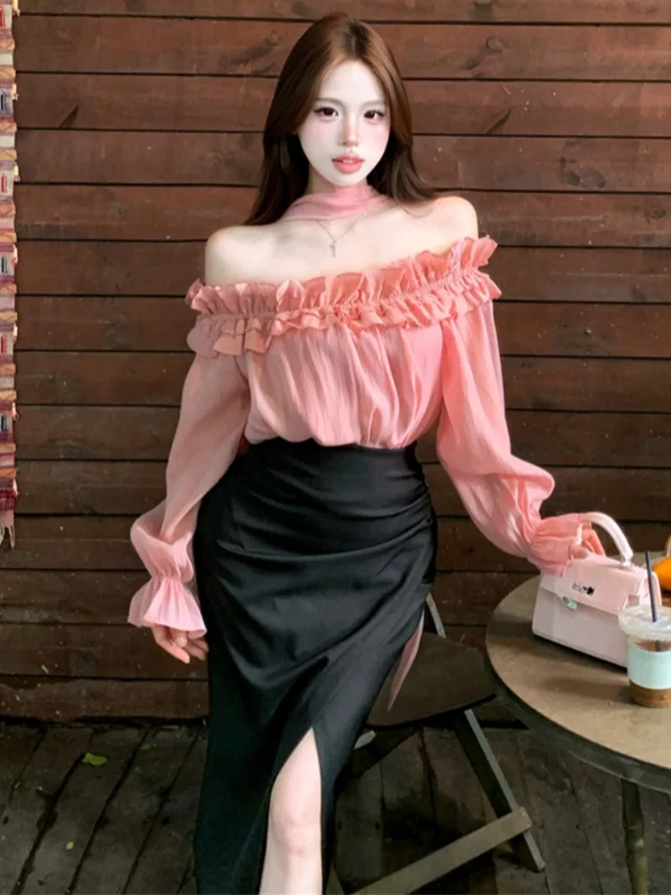

Summer Fashion Pure Desire Wood Grain One Shoulder Long Sleeve Shirt Women's High Waist Split Skirt Two Piece Set