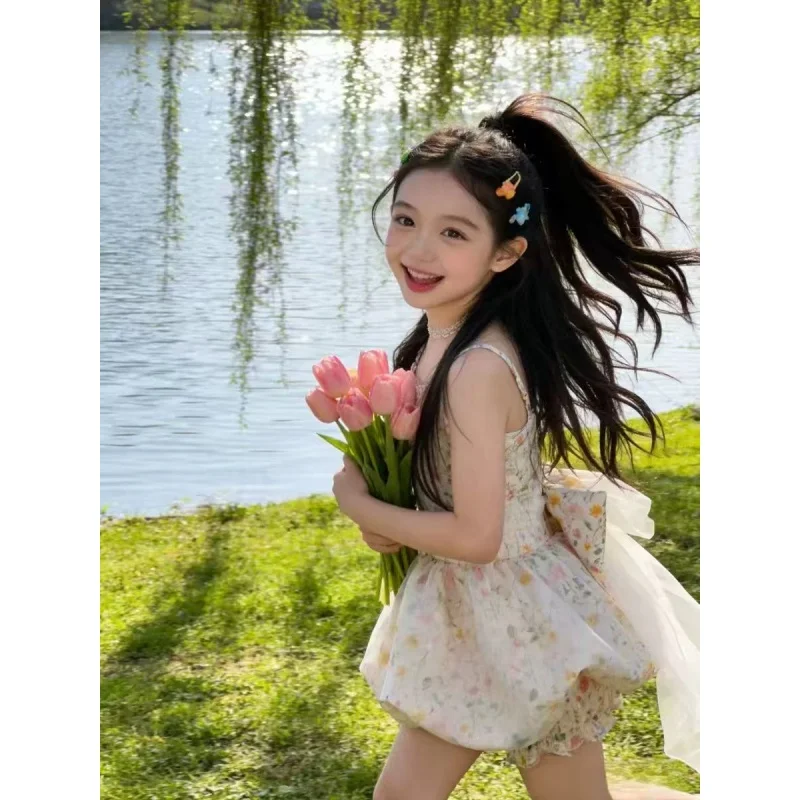 Girls Floral Suspender Dress Flower Bud Shorts 2026 Summer Western-style Princess Dress Children Bow Yarn Trailing Fluffy Skirt