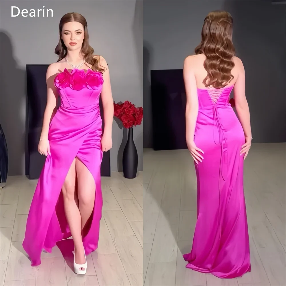 Customized Formal Dress Prom Evening Gown Dearin Strapless Column Floor Length Skirts Sleeveless Applique 3D Flower Bespoke Occa