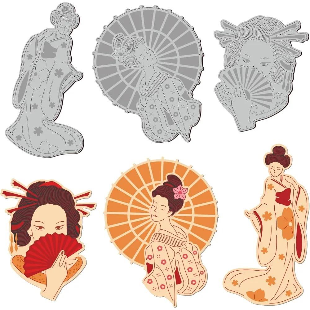 3Pcs Japanese Geisha Cutting Dies Metal People Women Die Cuts Embossing Stencils Template for Paper Card Making Decoration DIY