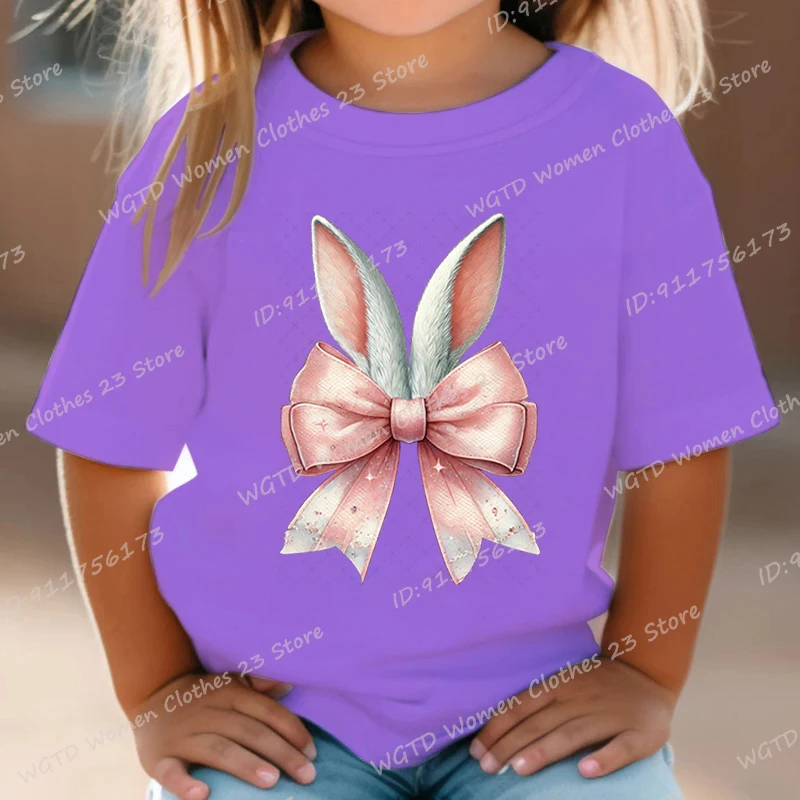 Cool Easter Day Bunny Ear & Bow Print T-shirts Summer Fashion Casual Short Sleeve Tees Round Neck Tops Children Girls Tee Shirts