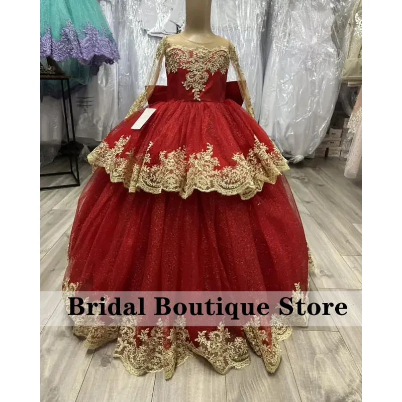 

Burgundy Wedding Long Sleeves Flower Girl Sheer Neckline Gold Applique Pageant Birthday Party Dress Customized