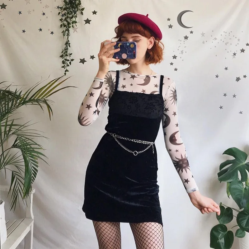 2025 Spring New Sun Moon Printed Transparent Mesh Sexy T-Shirt Women O-Neck Long Sleeve Slim Basic Casual Female Tops