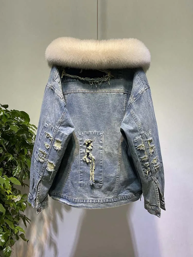 Winter Lady Real Fox Fur Collar Detachable Jacket Thick Warm Rabbit Fur Inner Denim Coat Loose Fit Batwing Sleeve Puffer Jackets