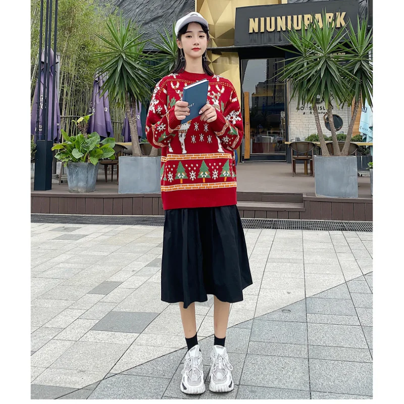 Women Autumn and Winter Korean Style New Crew Neck Pullover Thickened Casual Christmas Elk Printing Versatile Long Sleeves Tops