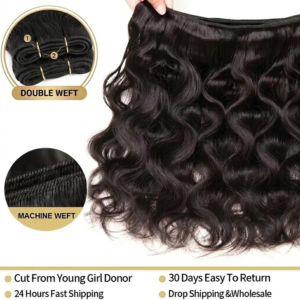 26 28 30 Inch Body Wave Human Hair Bundles 16A 100% Unprocessed Raw Virgin Human Hair Weave Extensions 30 40 Inch Natural Color Double Weft Remy Hair Weaving Pure Hair Bundles Wholesale For Black Women