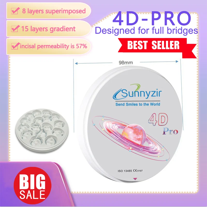 Sunnyzir A4 Dental Zirconia Block 4D-Pro Multilayer Zirconia Block CAD CAM Transparency 43-57% Strength 700-1200Mpa Material