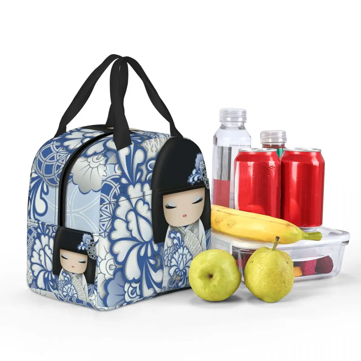 Benutzerdefinierte japanische Mädchen Sakura Kokeshi Puppe Lunchtasche Frauen Kühler warme isolierte Lunchboxen für Kinder Schulkinder