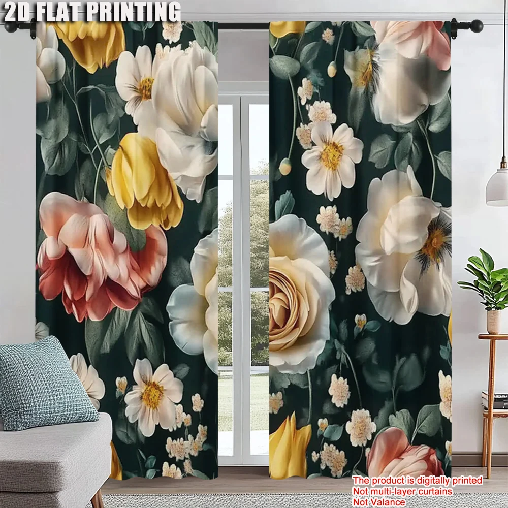 

2Pcs Vintage Floral Window Curtain Polyester Drapes With Rod Pocket Light Yellow Rose Print For Living Room Machine Washable