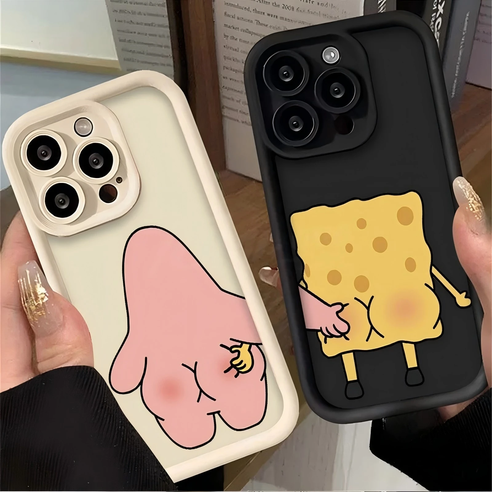 S-SpongeBobs Cute Pinch Butt Couple Phone Case for IPhone 16 15 14 13 12 11 Pro Max Mini XR XS X 7 8 Plus Soft TPU Back Cover