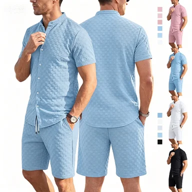 Men's Waffle Knit Stand Collar Shirt Shorts 2 Piece Set Summer Solid Color Casual Short Sleeve Button Top Drawstring Shorts Suit