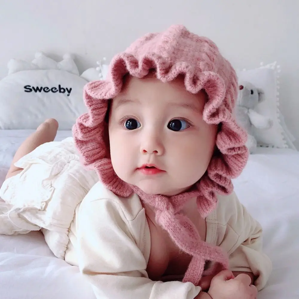 Cute Autumn and Winter Infant Hat Ear Protection Lace Girls Woolen Hat Baby Hooded Hat 0-2Years Knitted Hat